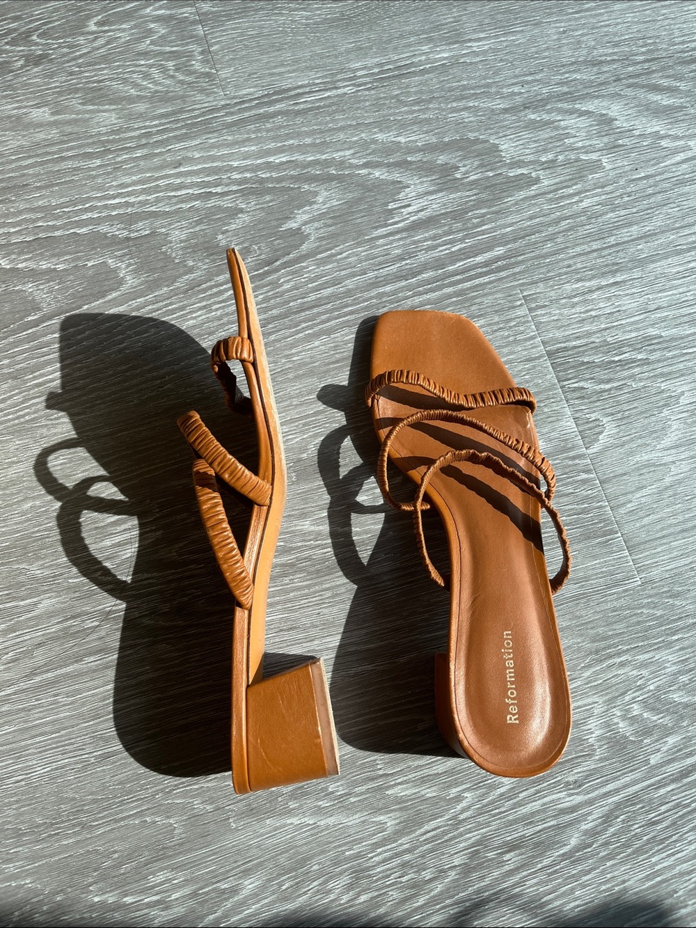 Reformation Cognac Ruched Strap Block Heel Sandals